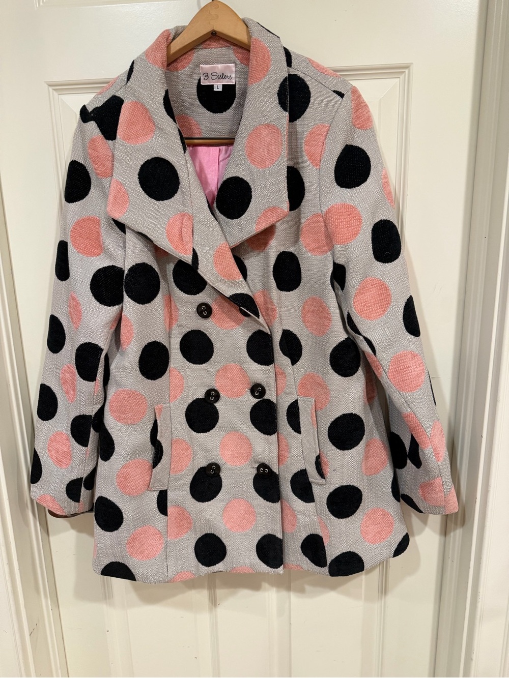 3 Sisters Pink & Black Polka Dot Pea Coat